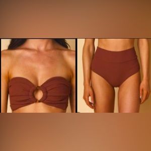 Montce swim Tori bandeau bikin top/high waisted bottoms, chocolate red color